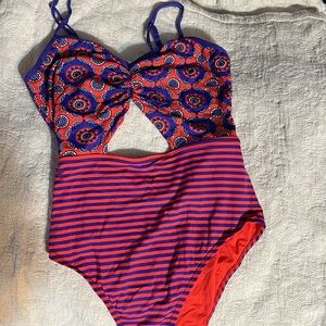BARI Swimsuit- One Piece Front Cutout- Bluish Purple & Red